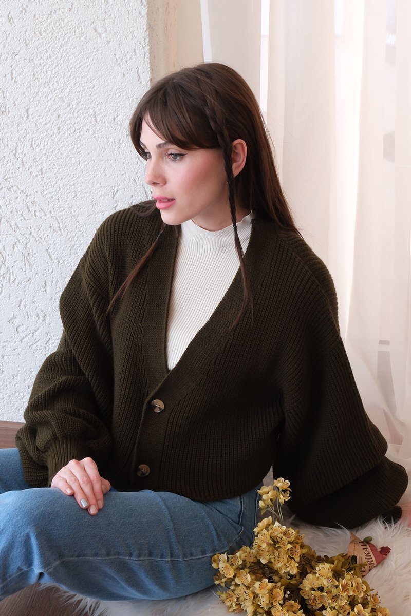 Haki Balon Kol Triko Hırka