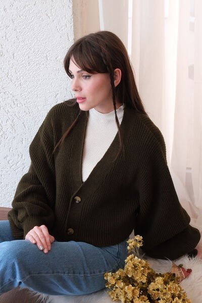 Haki Balon Kol Triko Hırka