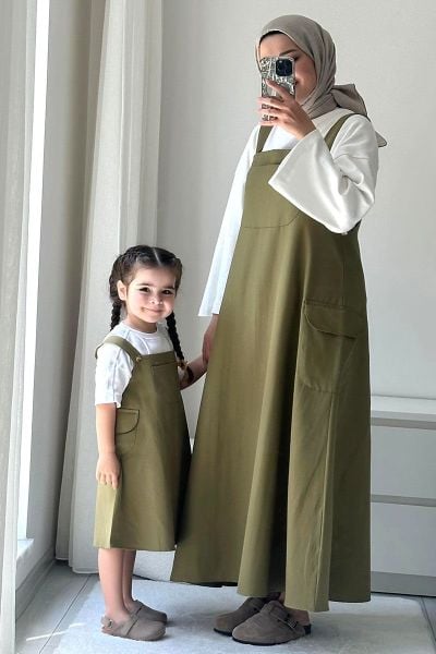 Anne - Çocuk Haki Duck Keten Etekli Salopet Takım & Anne - Çocuk Ekru Body