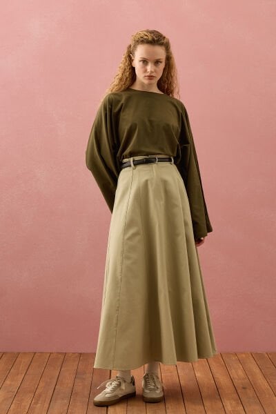 Küf Yeşili Keten Kloş Etek