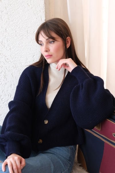 Lacivert Balon Kol Triko Hırka