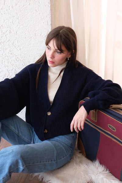 Lacivert Balon Kol Triko Hırka