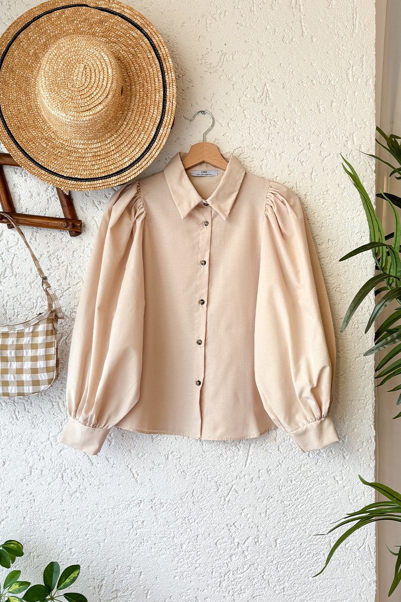 Krem Klasik Yaka Crop Gömlek