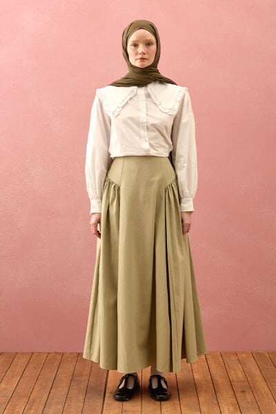 Küf Yeşili Keten Pile Detay Etek