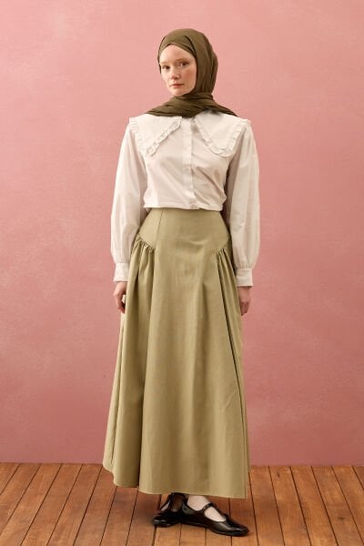 Küf Yeşili Keten Pile Detay Etek