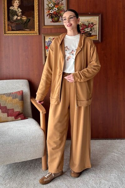 Karamel 3 İplik Uzun Fermuarlı Eşofman Takım