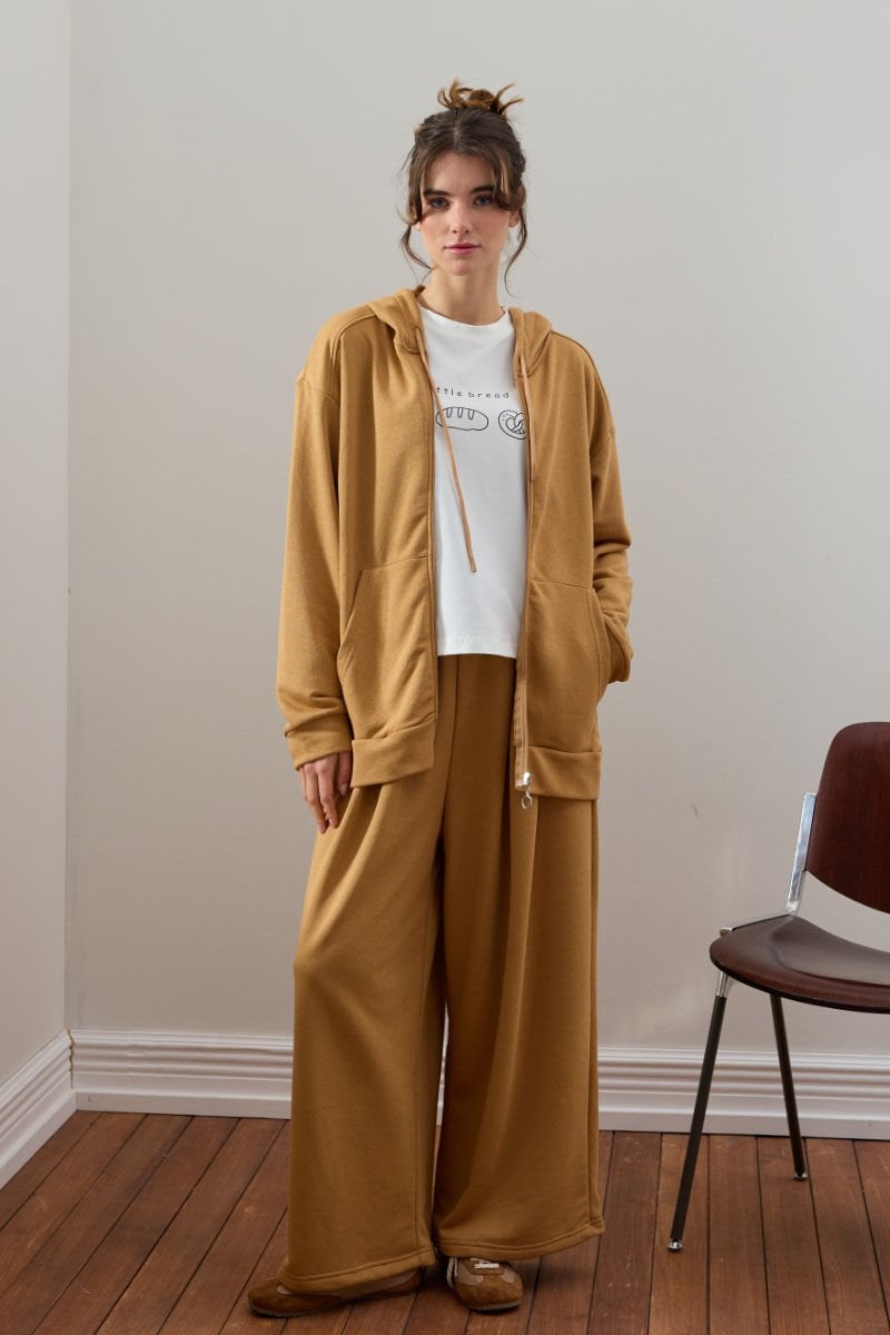 Karamel 3 İplik Uzun Fermuarlı Eşofman Takım