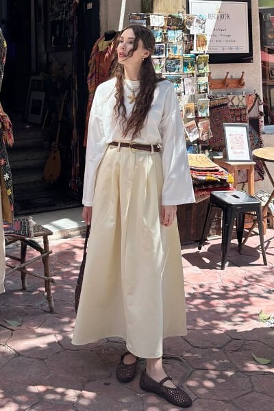 Tereyağ Sarısı Tek Düğmeli Keten Etek