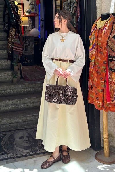 Tereyağ Sarısı Tek Düğmeli Keten Etek