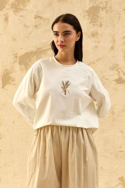 Ekru Buğday Nakışlı Süprem Reglan Kol Body