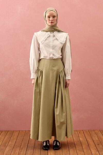 Küf Yeşili Keten Pile Detay Etek