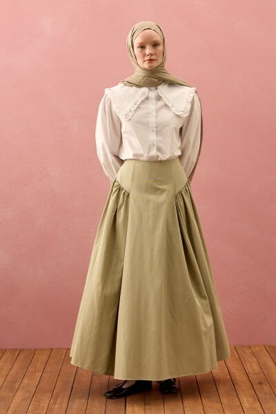 Küf Yeşili Keten Pile Detay Etek