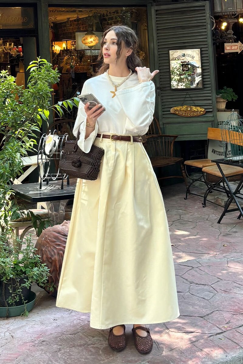 Ekru Body & Tereyağ Sarısı Tek Düğmeli Keten Etek