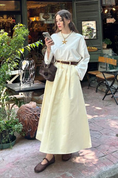 Ekru Body & Tereyağ Sarısı Tek Düğmeli Keten Etek