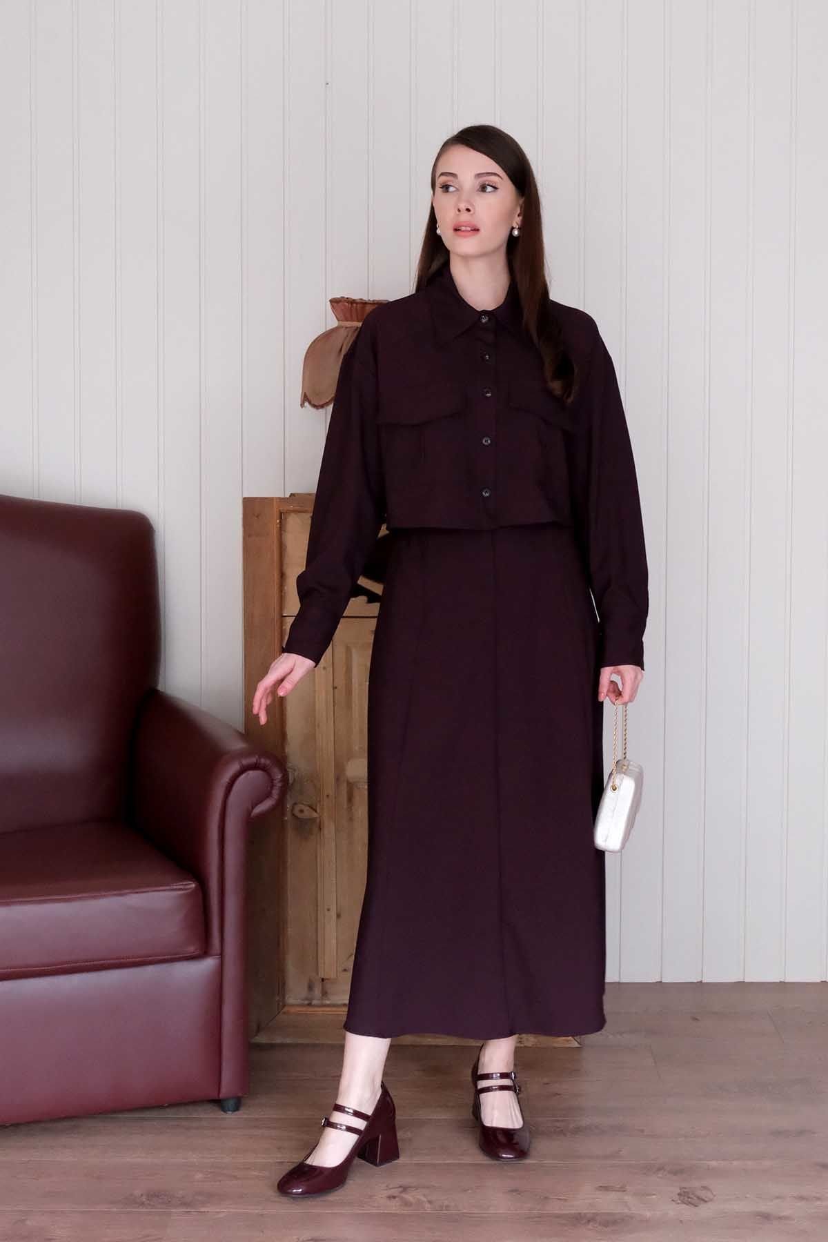 Mürdüm Poliviskon Cepli Ceket Etek Takım