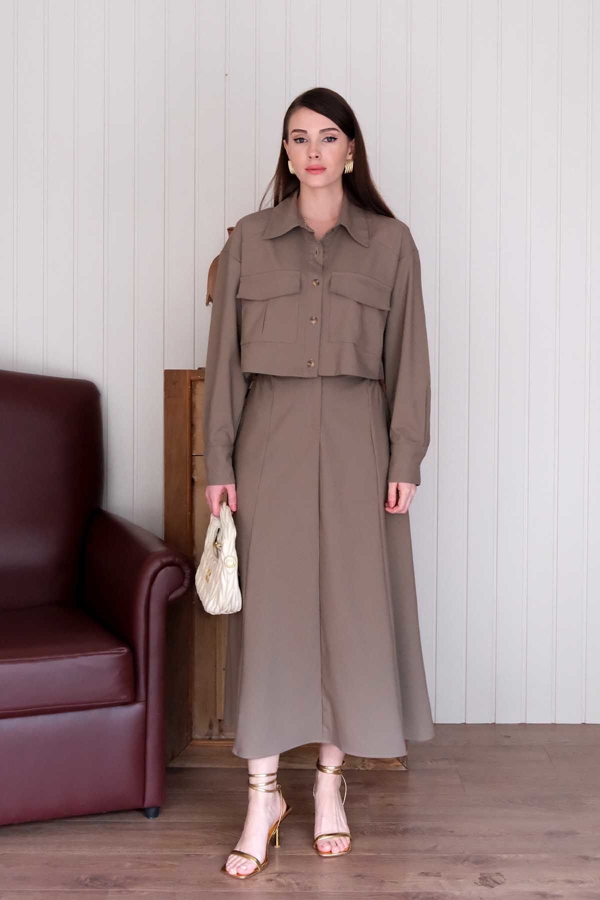 Koyu Vizon Poliviskon Cepli Ceket Etek Takım