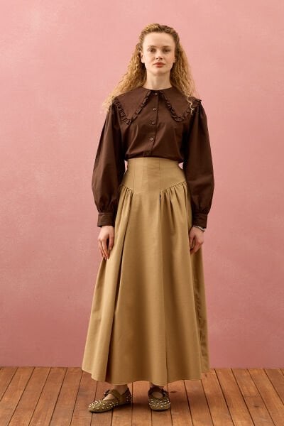 Sütlü Kahve Keten Pile Detay Etek