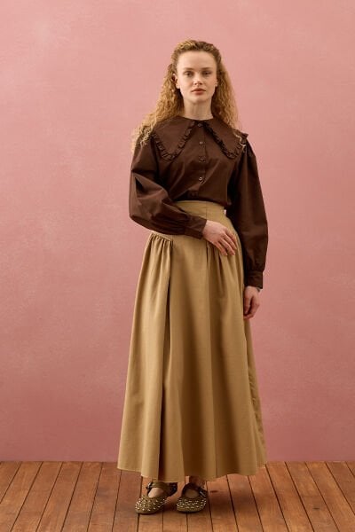 Sütlü Kahve Keten Pile Detay Etek