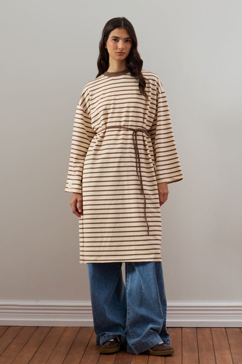 Acı Kahve 2 İplik Tesettür Çizgili Tunik