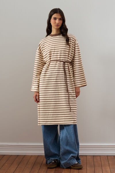 Acı Kahve 2 İplik Tesettür Çizgili Tunik