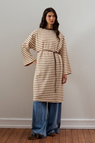Acı Kahve 2 İplik Tesettür Çizgili Tunik