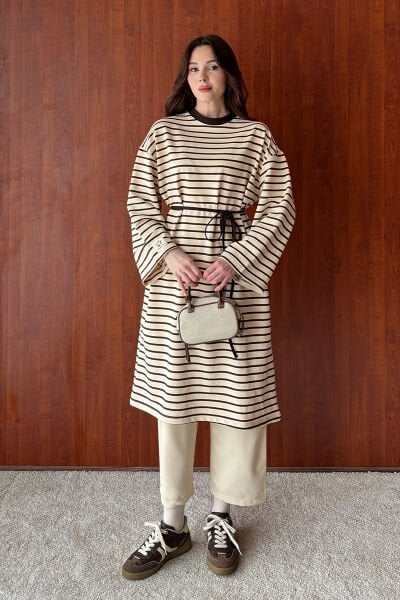 Acı Kahve 2 İplik Tesettür Çizgili Tunik