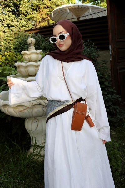 Beyaz Organik Keten V Yaka Bluz & Beyaz Organik Keten Balon Etek Takım