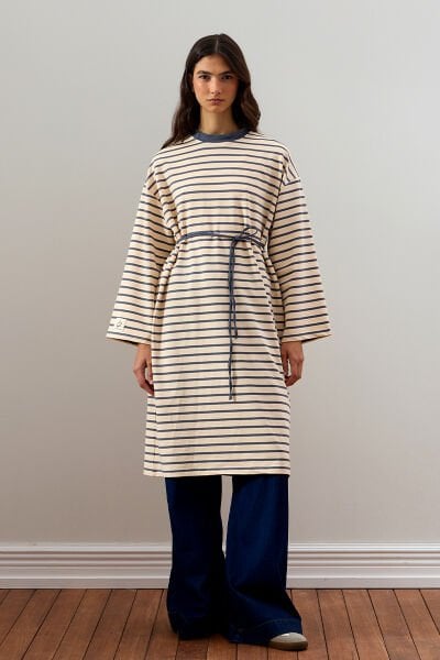 Antrasit 2 İplik Tesettür Çizgili Tunik