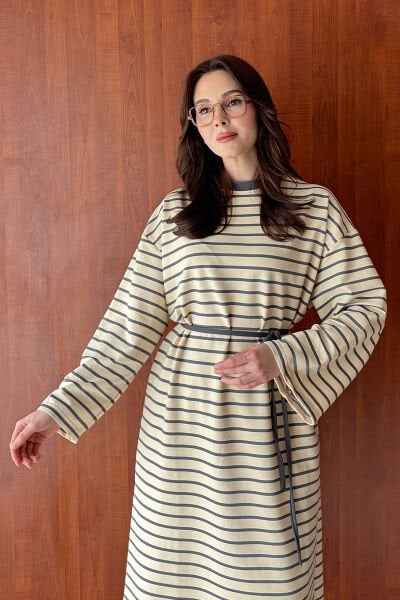 Antrasit 2 İplik Tesettür Çizgili Tunik