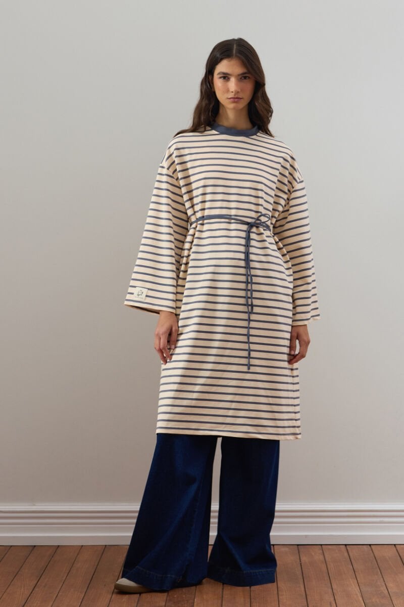 Antrasit 2 İplik Tesettür Çizgili Tunik