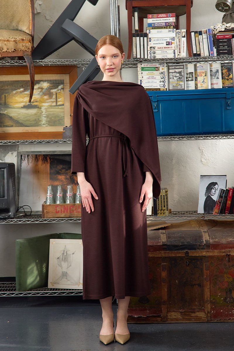 Acı Kahve Oysho Şal Yaka Elbise