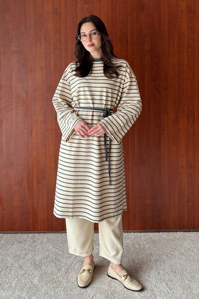 Antrasit 2 İplik Tesettür Çizgili Tunik