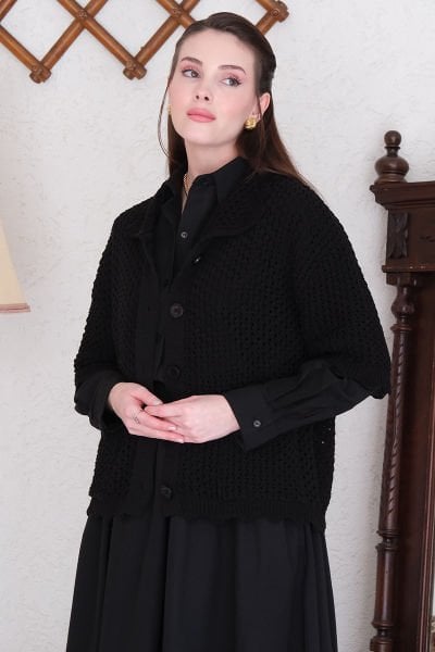 Siyah Kısa Kollu Triko Hırka