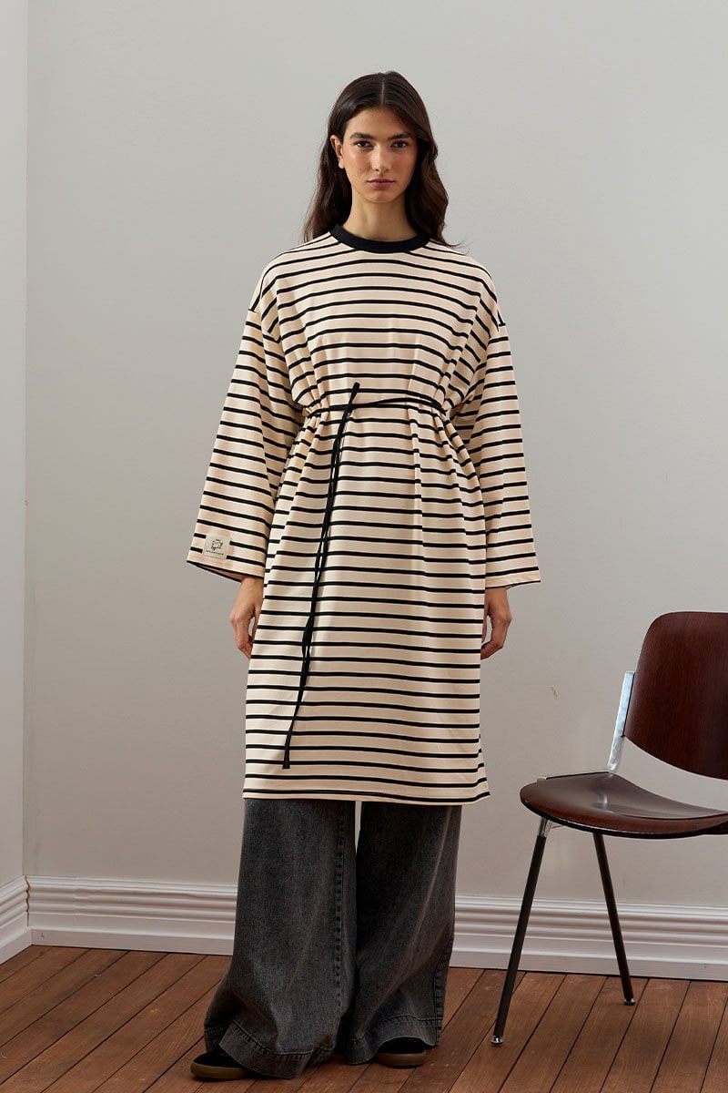 Siyah 2 İplik Tesettür Çizgili Tunik