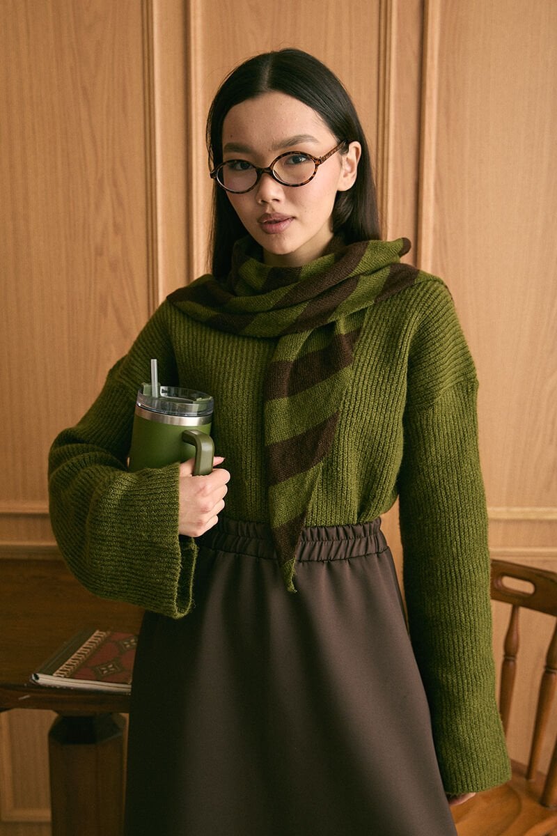 Zeytin Yeşili Çizgili Atkı