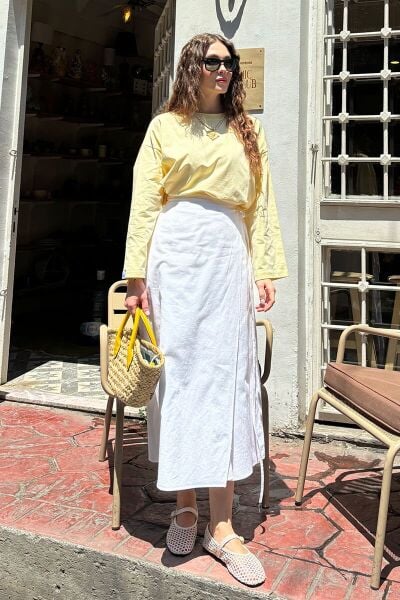 Beyaz Organik Keten  Anvelop Etek & Tereyağ Sarısı Body