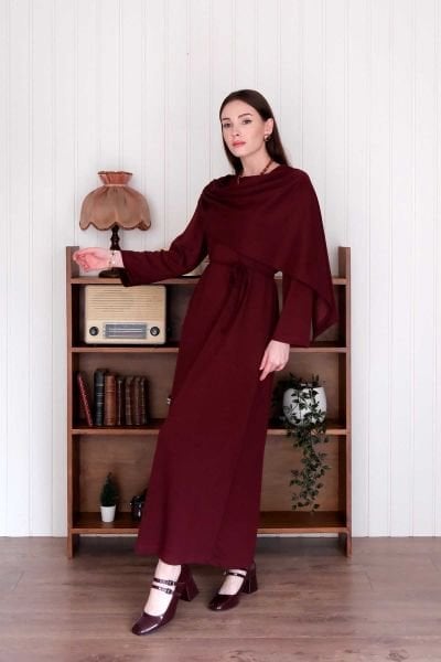 Bordo Oysho Şal Yaka Elbise