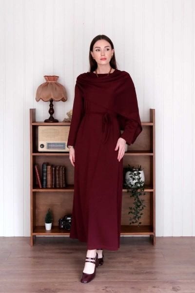 Bordo Oysho Şal Yaka Elbise