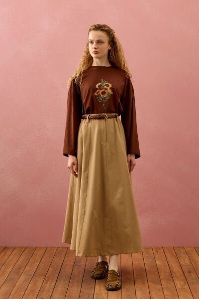 Sütlü Kahve Keten Kloş Etek