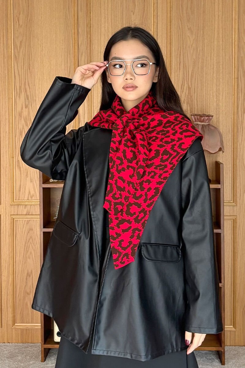 Kırmızı Leopar Desenli Atkı