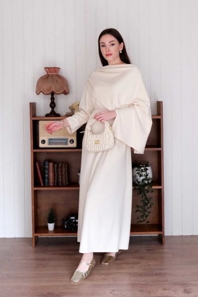 Krem Oysho Şal Yaka Elbise