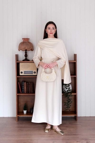 Krem Oysho Şal Yaka Elbise