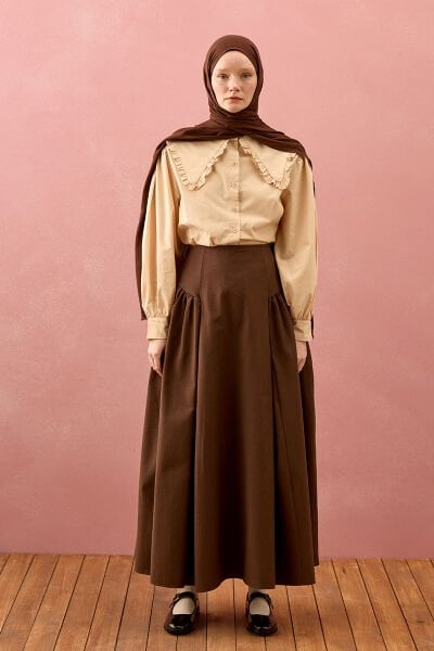 Acı Kahve Keten Pile Detay Etek