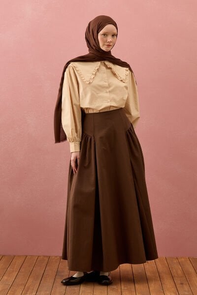 Acı Kahve Keten Pile Detay Etek