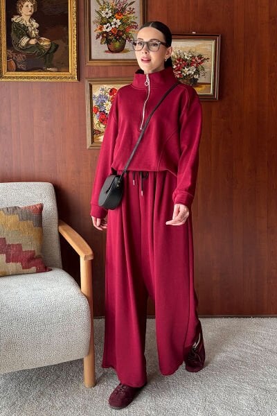 Bordo 3 İplik Yarım Fermuarlı Eşofman Takım