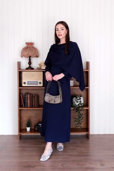 Lacivert Oysho Şal Yaka Elbise