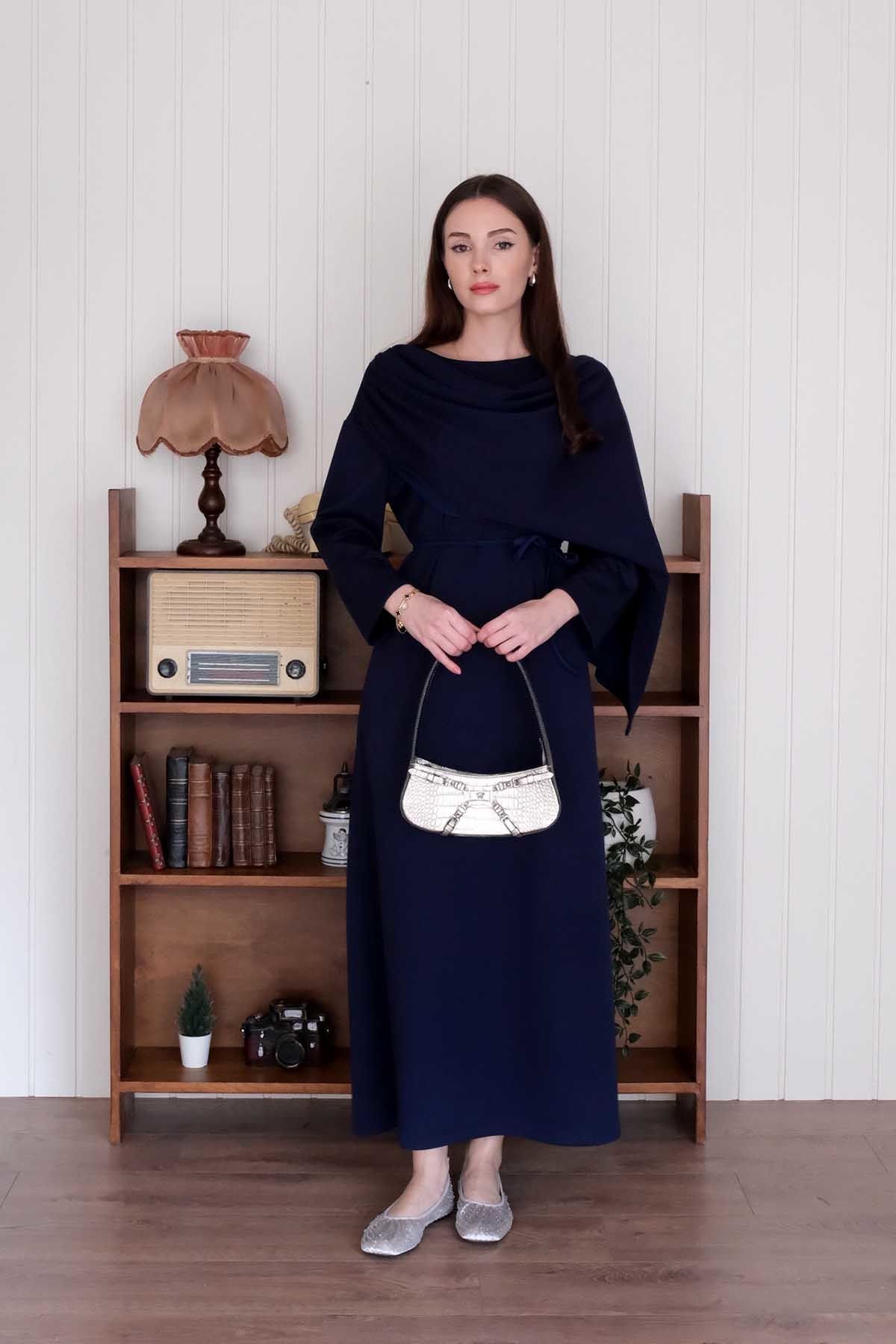 Lacivert Oysho Şal Yaka Elbise