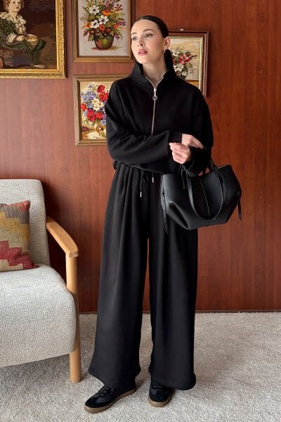 Siyah 3 İplik Yarım Fermuarlı Eşofman Takım