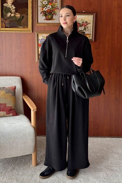 Siyah 3 İplik Yarım Fermuarlı Eşofman Takım