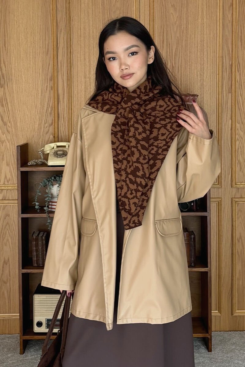 Acı Kahve Leopar Desenli Atkı